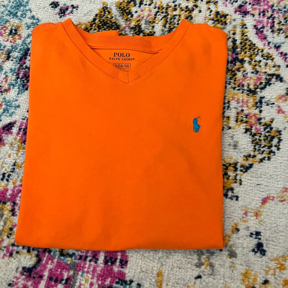 Boy’s Polo V-Neck Short Sleeve Tee in Bright Orange size large